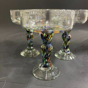 Set of 3 Mexican Hand-Blown Margarita Glasses - Colorful Confetti Glass - 16 oz